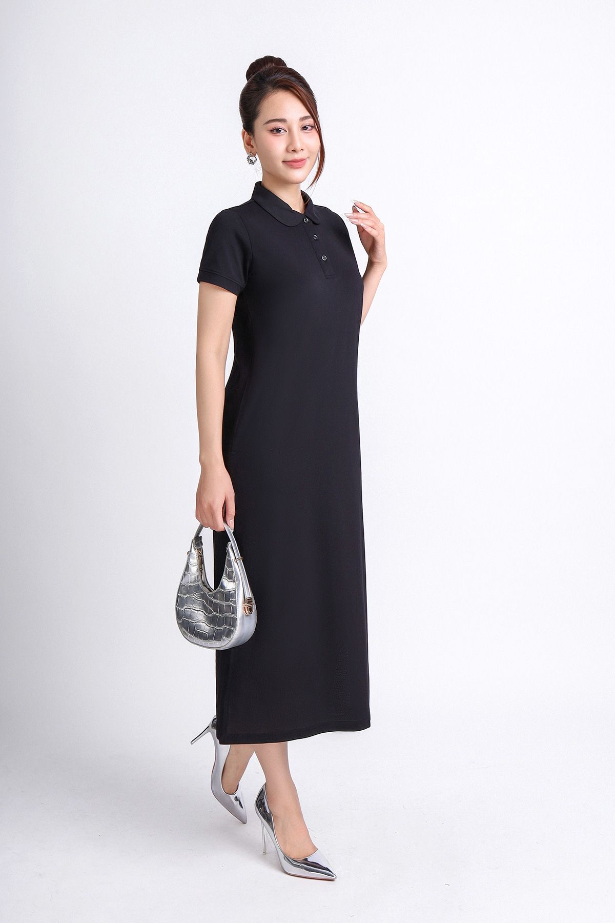 FDD3125 - Đầm thun dạo phố vải cotton dáng suông cổ đức đầu tròn phói nẹp khuy trang trí - PANTIO