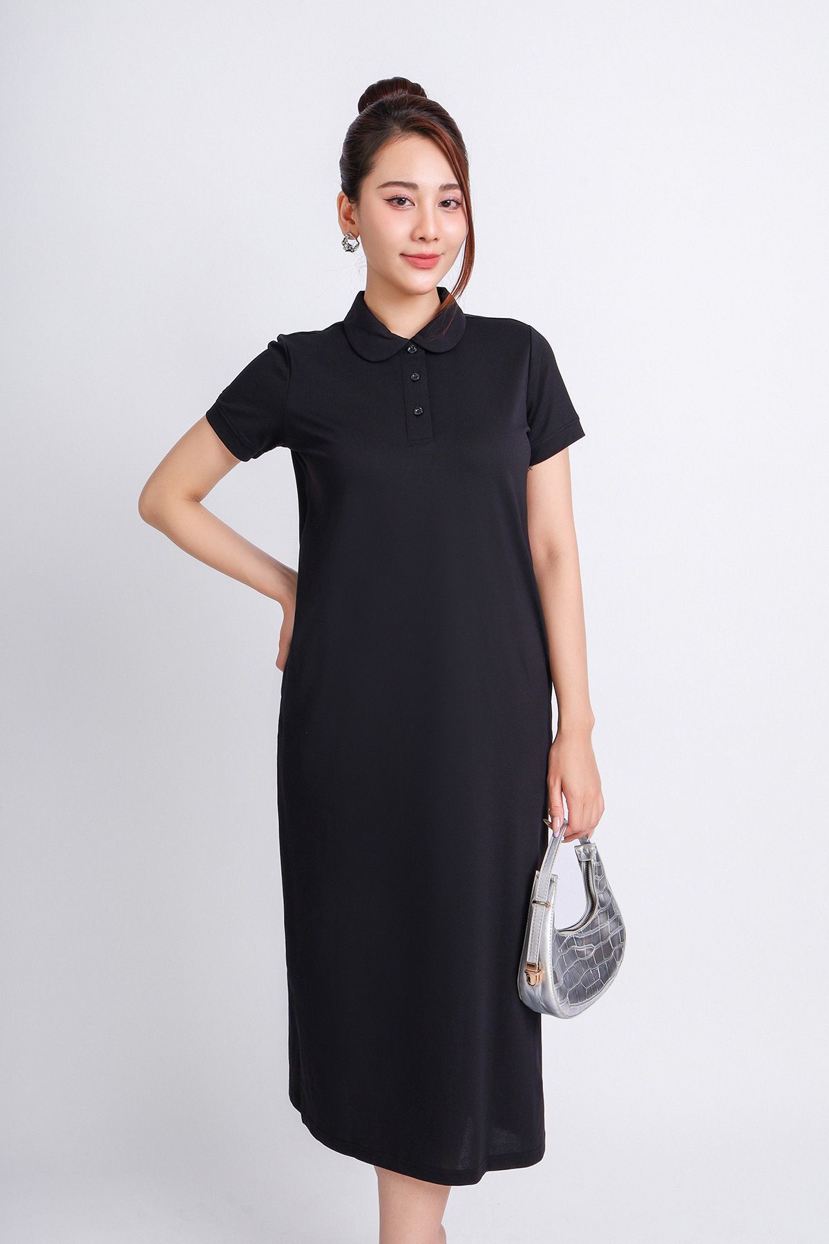 FDD3125 - Đầm thun dạo phố vải cotton dáng suông cổ đức đầu tròn phói nẹp khuy trang trí - PANTIO