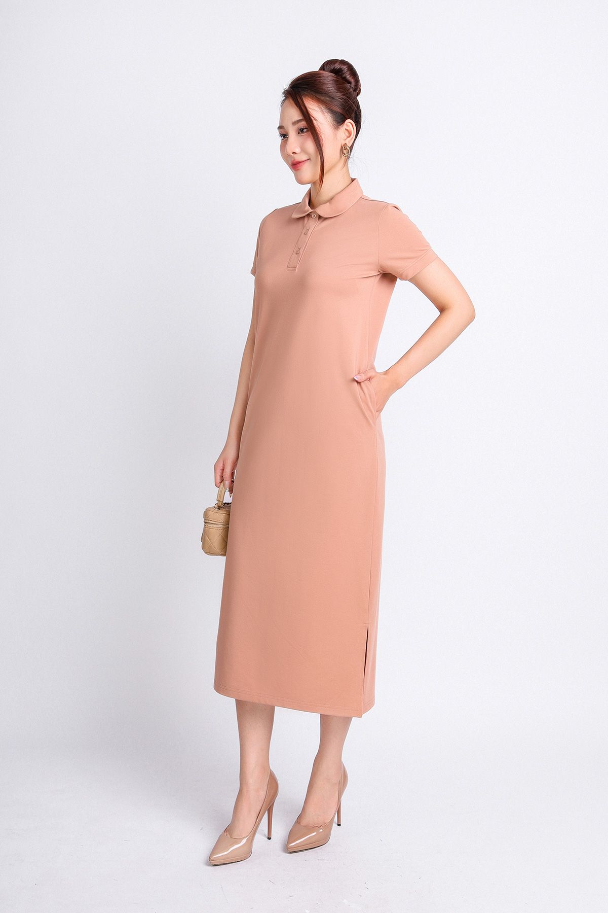 FDD3125 - Đầm thun dạo phố vải cotton dáng suông cổ đức đầu tròn phói nẹp khuy trang trí - PANTIO