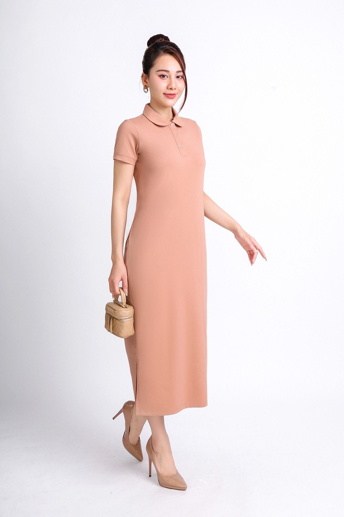 FDD3125 - Đầm thun dạo phố vải cotton dáng suông cổ đức đầu tròn phói nẹp khuy trang trí - PANTIO