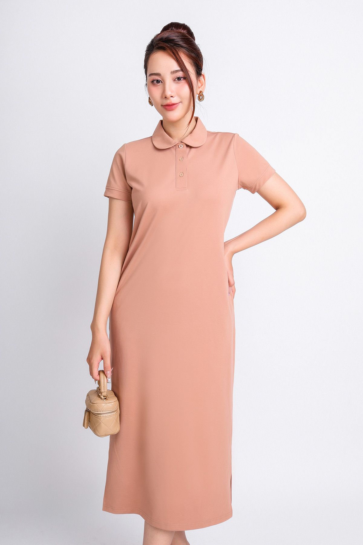 FDD3125 - Đầm thun dạo phố vải cotton dáng suông cổ đức đầu tròn phói nẹp khuy trang trí - PANTIO