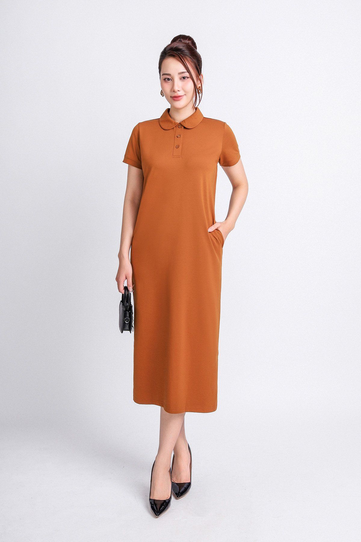 FDD3125 - Đầm thun dạo phố vải cotton dáng suông cổ đức đầu tròn phói nẹp khuy trang trí - PANTIO