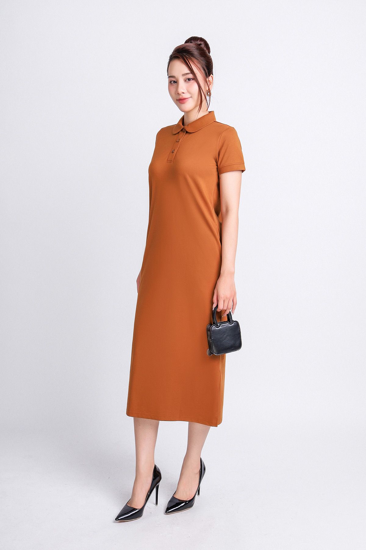 FDD3125 - Đầm thun dạo phố vải cotton dáng suông cổ đức đầu tròn phói nẹp khuy trang trí - PANTIO