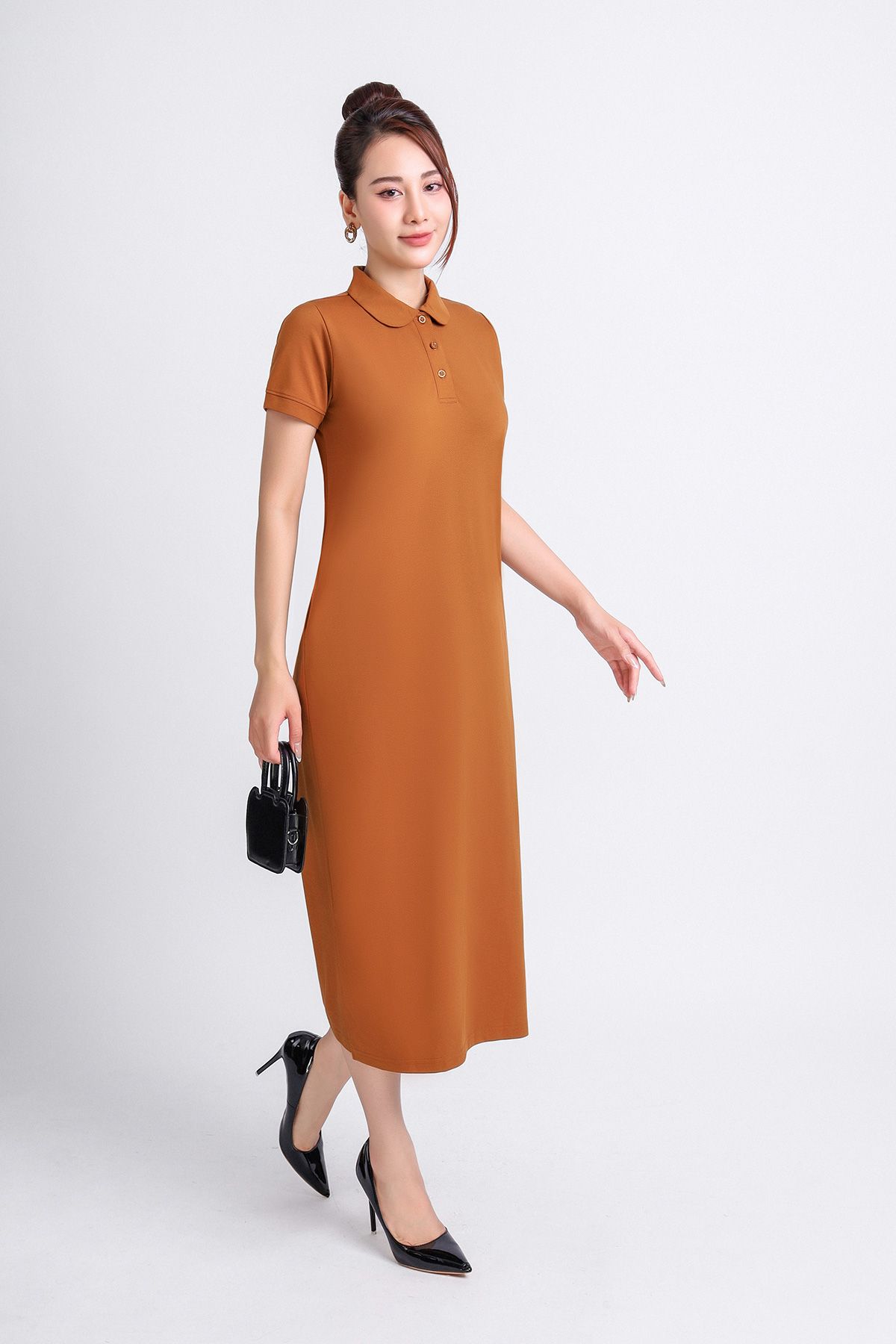 FDD3125 - Đầm thun dạo phố vải cotton dáng suông cổ đức đầu tròn phói nẹp khuy trang trí - PANTIO