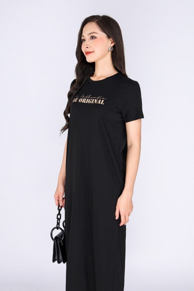 FDD3126 - Đầm thun dạo phố vải cotton dáng suông cổ tròn thân ngực phối hình in trang trí - PANTIO