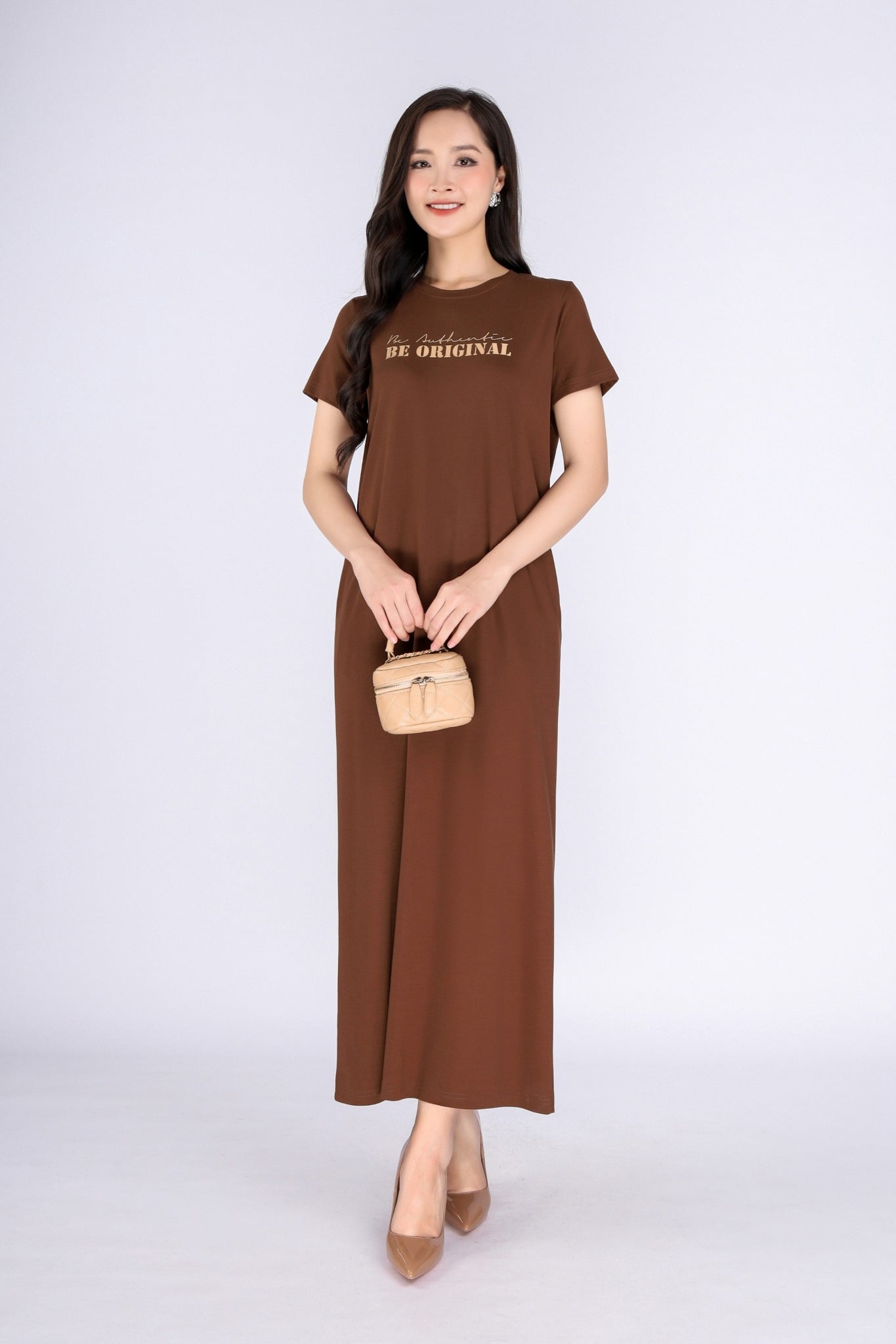 FDD3126 - Đầm thun dạo phố vải cotton dáng suông cổ tròn thân ngực phối hình in trang trí - PANTIO