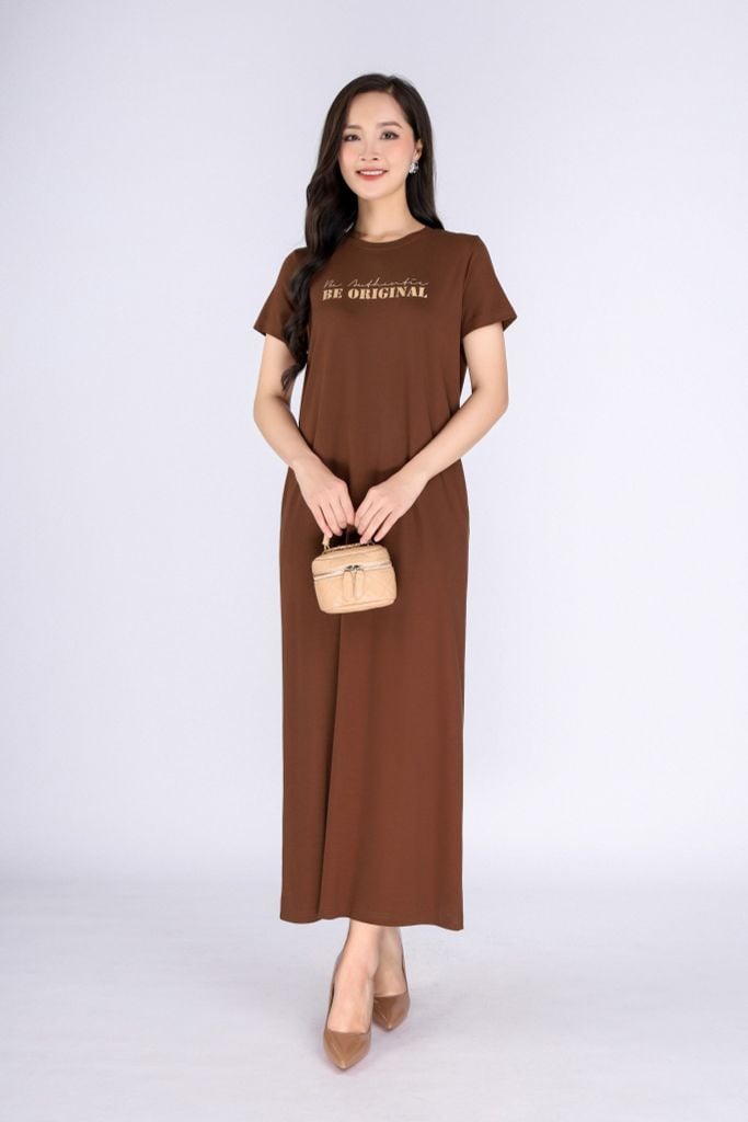 FDD3126 - Đầm thun dạo phố vải cotton dáng suông cổ tròn thân ngực phối hình in trang trí - PANTIO
