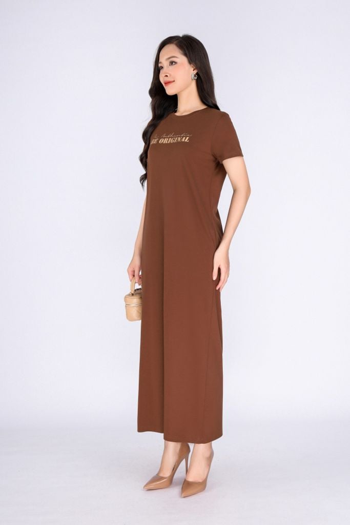 FDD3126 - Đầm thun dạo phố vải cotton dáng suông cổ tròn thân ngực phối hình in trang trí - PANTIO