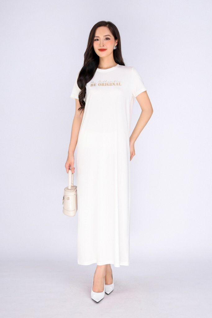FDD3126 - Đầm thun dạo phố vải cotton dáng suông cổ tròn thân ngực phối hình in trang trí - PANTIO