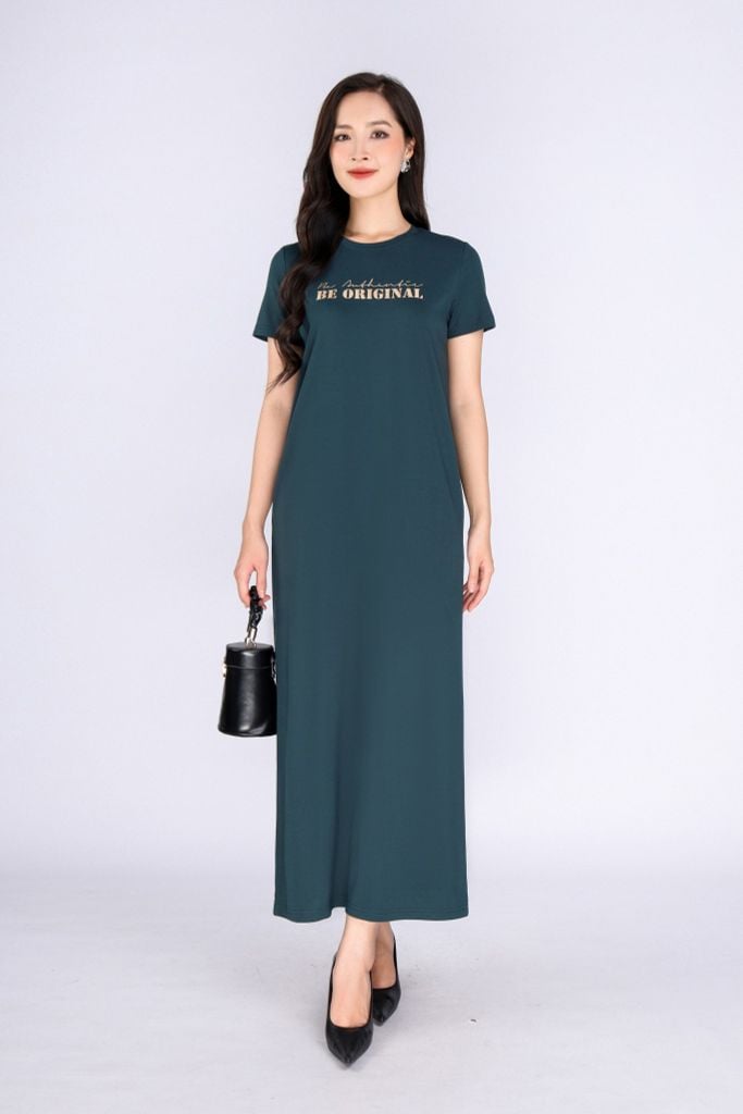 FDD3126 - Đầm thun dạo phố vải cotton dáng suông cổ tròn thân ngực phối hình in trang trí - PANTIO