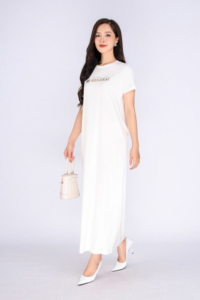 FDD3126 - Đầm thun dạo phố vải cotton dáng suông cổ tròn thân ngực phối hình in trang trí - PANTIO