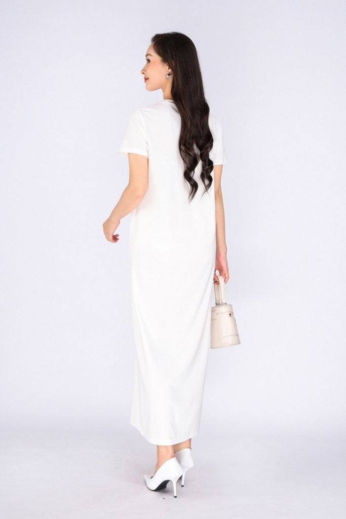 FDD3126 - Đầm thun dạo phố vải cotton dáng suông cổ tròn thân ngực phối hình in trang trí - PANTIO