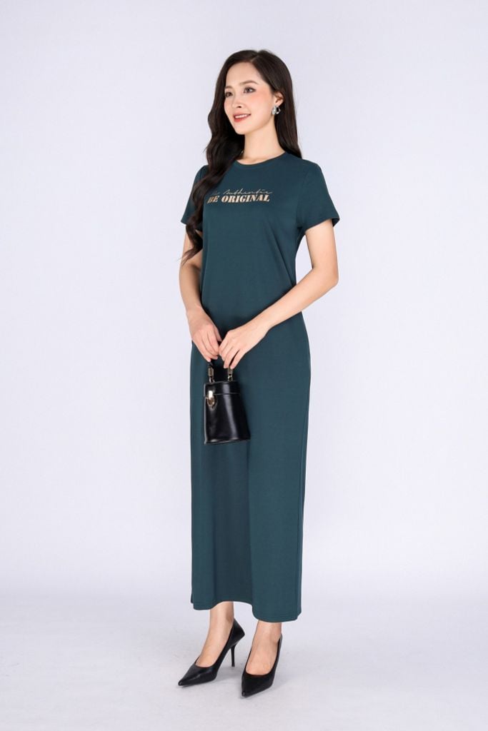 FDD3126 - Đầm thun dạo phố vải cotton dáng suông cổ tròn thân ngực phối hình in trang trí - PANTIO