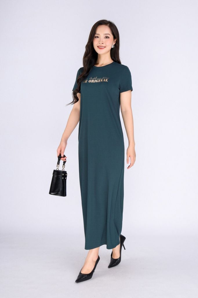 FDD3126 - Đầm thun dạo phố vải cotton dáng suông cổ tròn thân ngực phối hình in trang trí - PANTIO