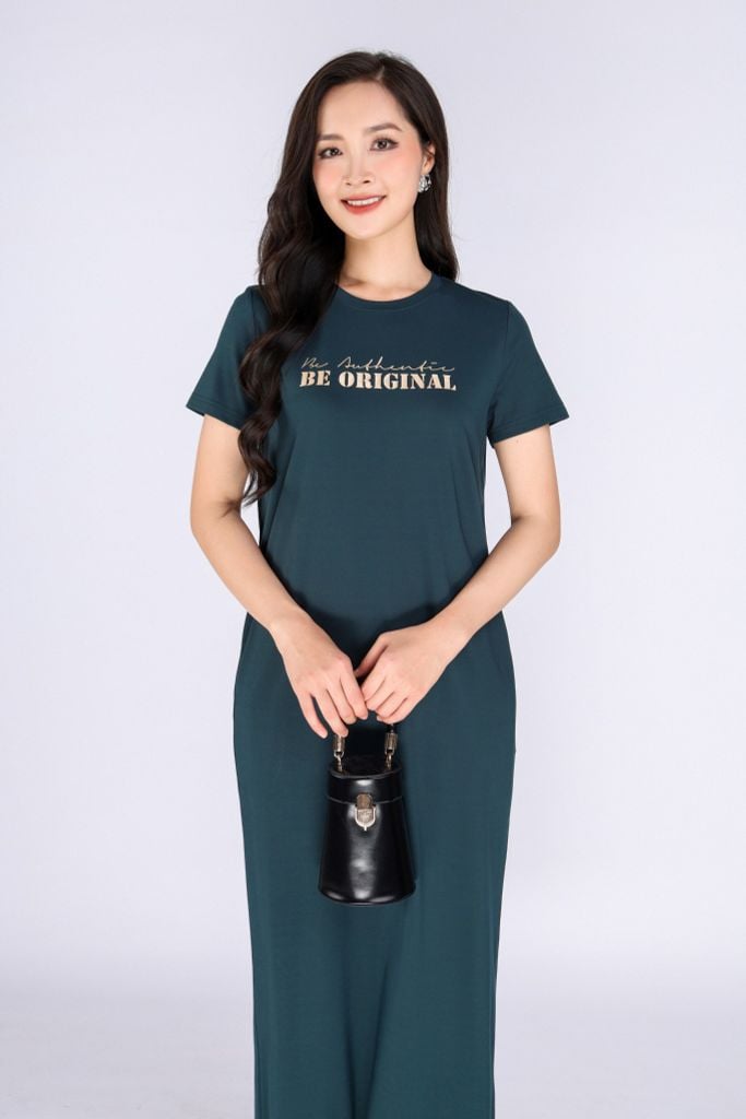 FDD3126 - Đầm thun dạo phố vải cotton dáng suông cổ tròn thân ngực phối hình in trang trí - PANTIO