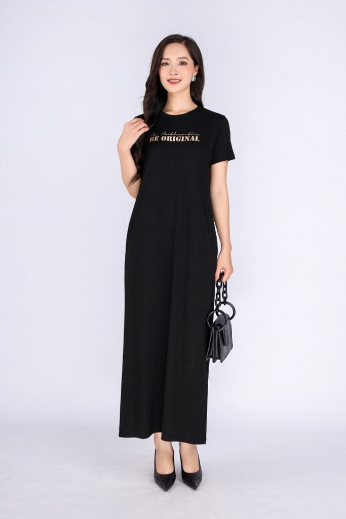 FDD3126 - Đầm thun dạo phố vải cotton dáng suông cổ tròn thân ngực phối hình in trang trí - PANTIO