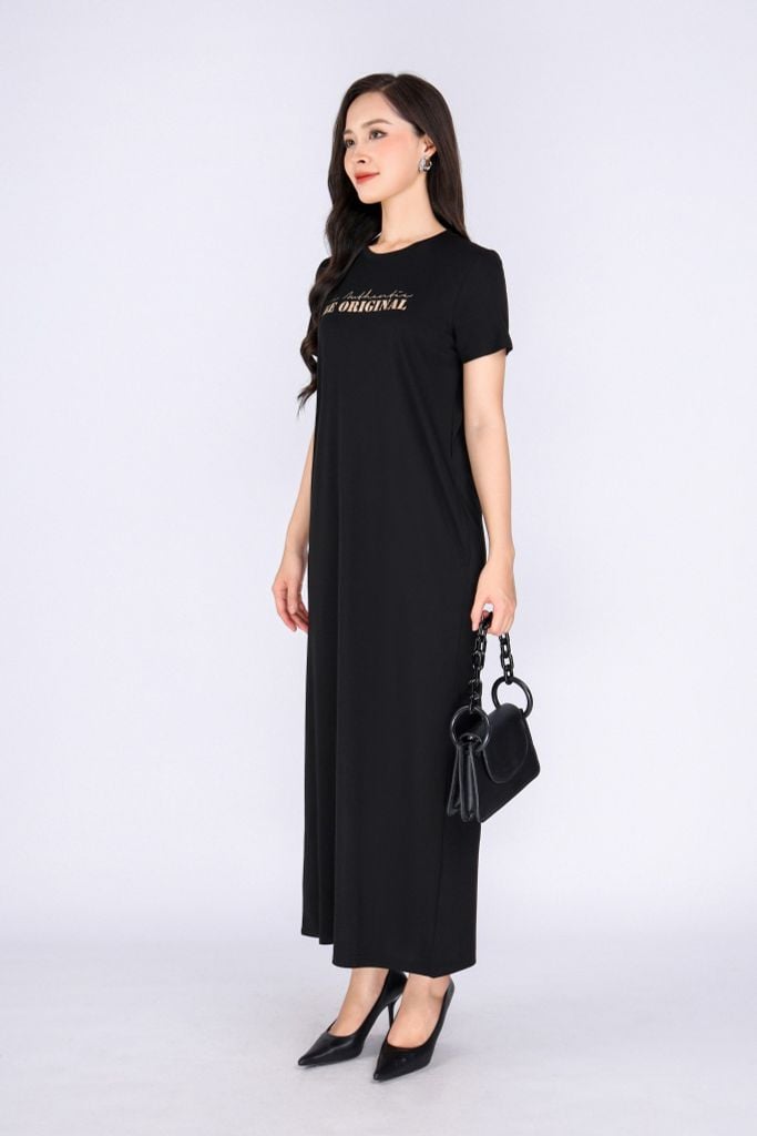 FDD3126 - Đầm thun dạo phố vải cotton dáng suông cổ tròn thân ngực phối hình in trang trí - PANTIO