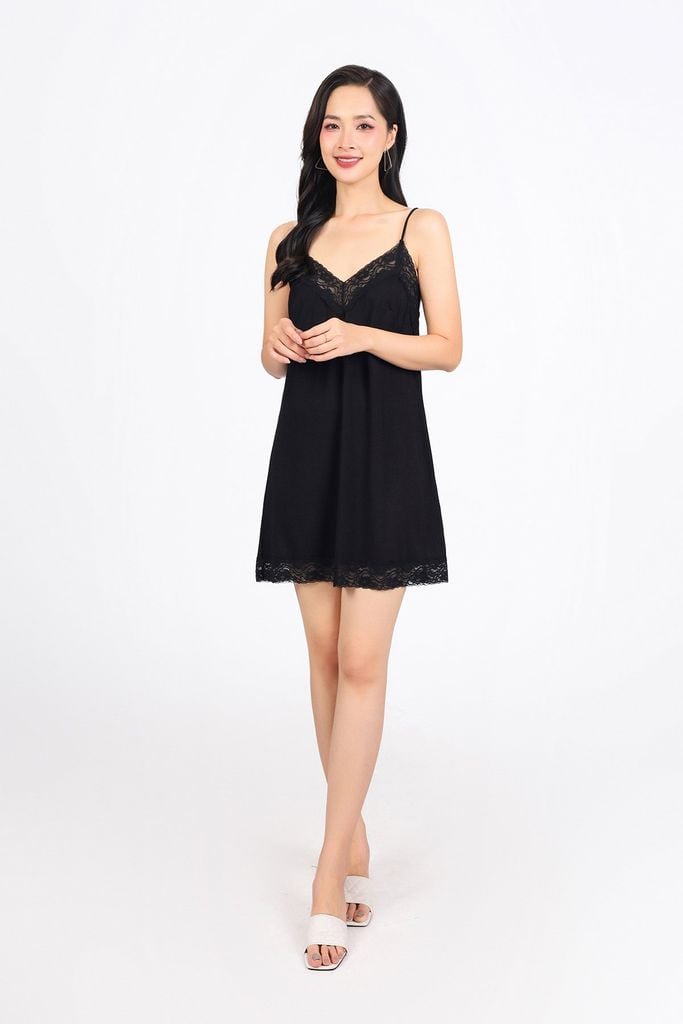 FDD5172 - Đầm hai dây vải cotton dáng suông phối viền ren thời trang - PANTIO