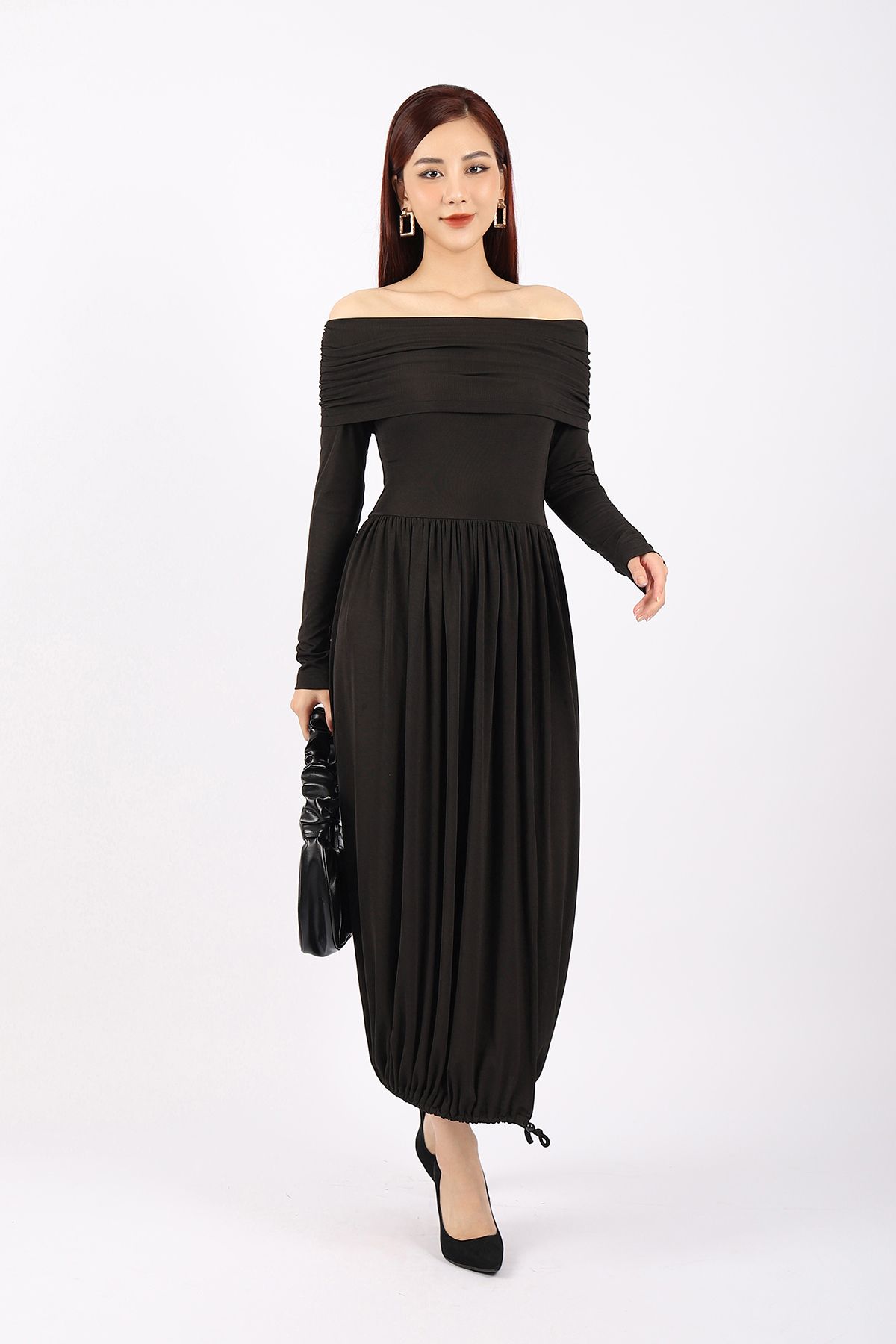 FDD7111 - Đầm dạo phố vải len dáng bom ngang vai eo nối xếp nhún chân váy rút bom tạo kiểu - PANTIO