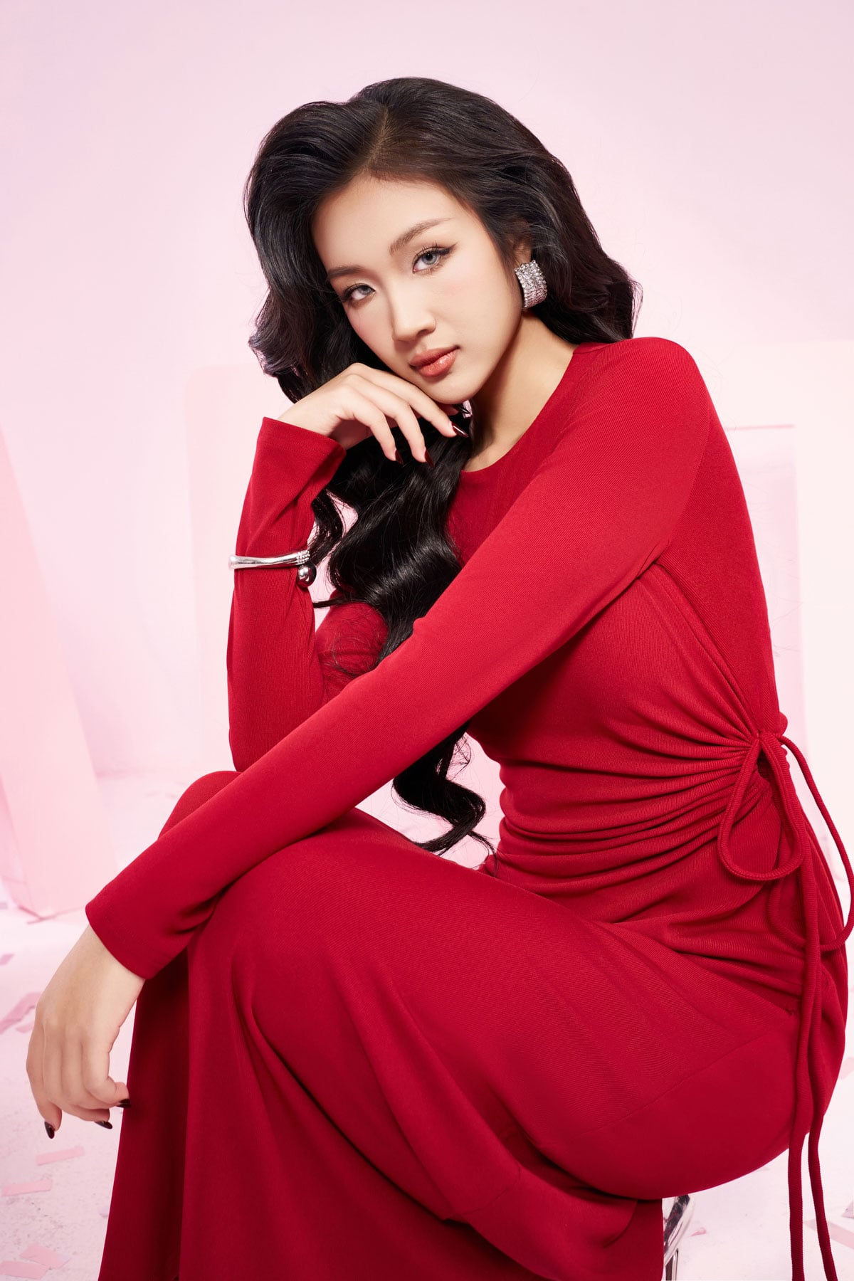 FDD9128 - Đầm len dạo phố dáng suông dài cổ tròn eo rút dây tạo kiểu khoá thân sau - PANTIO