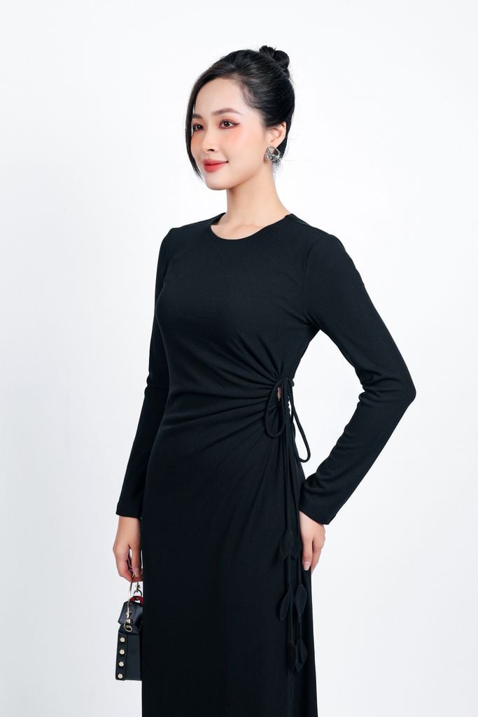 FDD9128 - Đầm len dạo phố dáng suông dài cổ tròn eo rút dây tạo kiểu khoá thân sau - PANTIO
