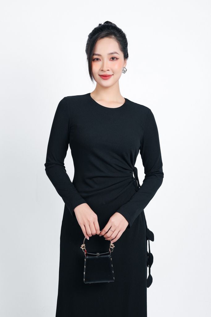 FDD9128 - Đầm len dạo phố dáng suông dài cổ tròn eo rút dây tạo kiểu khoá thân sau - PANTIO