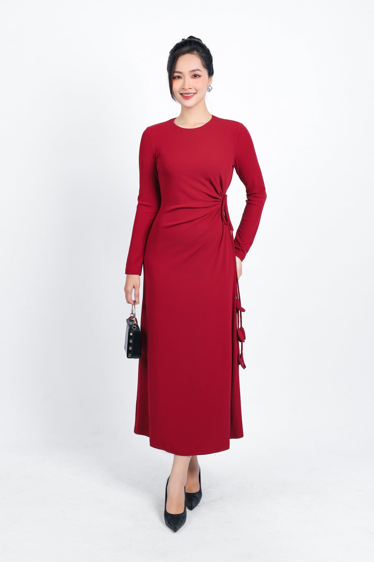 FDD9128 - Đầm len dạo phố dáng suông dài cổ tròn eo rút dây tạo kiểu khoá thân sau - PANTIO