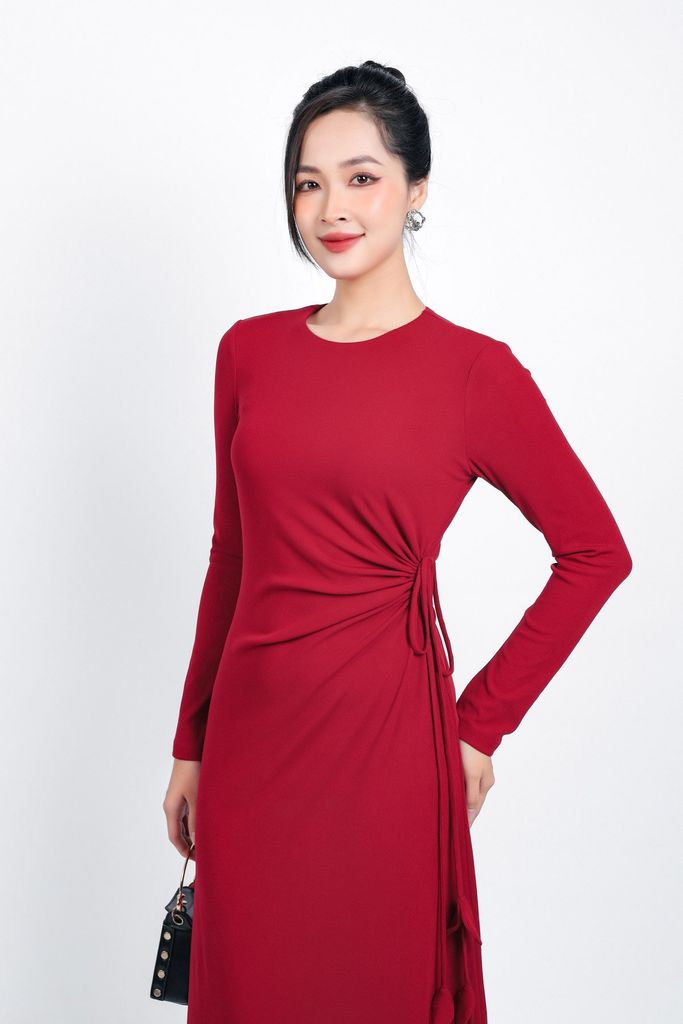 FDD9128 - Đầm len dạo phố dáng suông dài cổ tròn eo rút dây tạo kiểu khoá thân sau - PANTIO