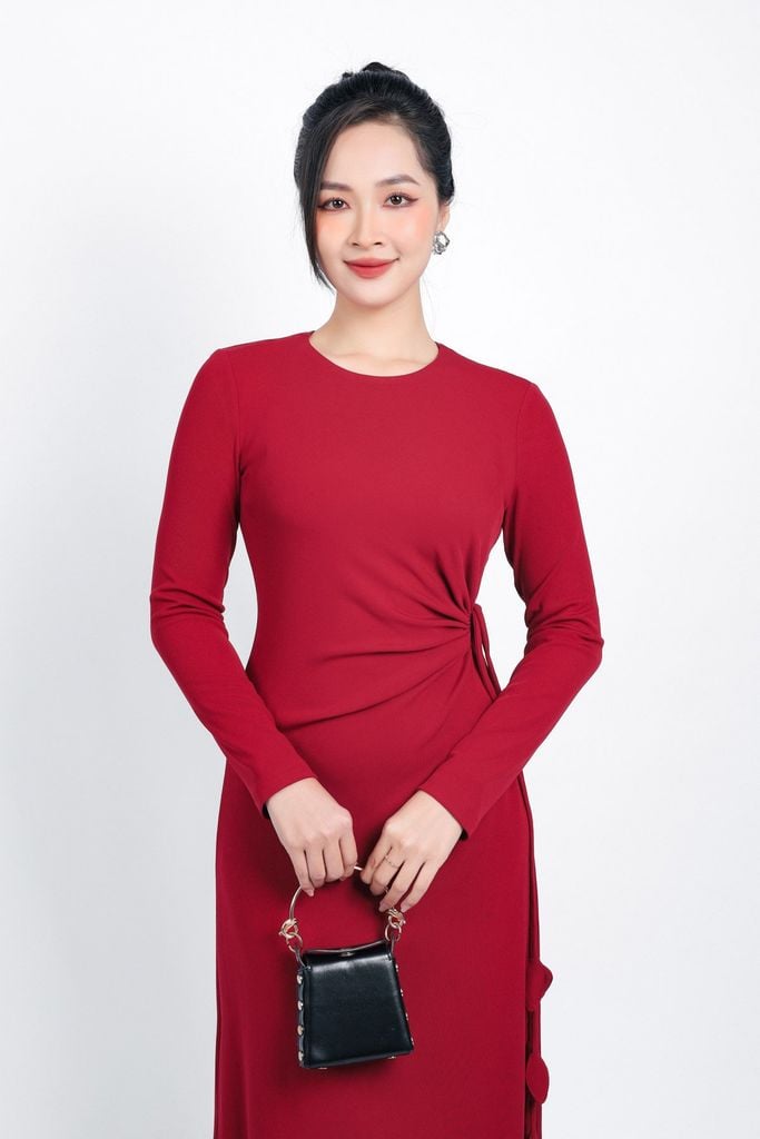 FDD9128 - Đầm len dạo phố dáng suông dài cổ tròn eo rút dây tạo kiểu khoá thân sau - PANTIO