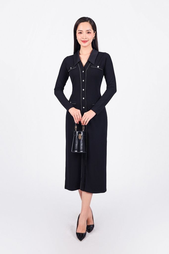 FDD9129 - Đầm dệt kim cao cấp vải len co giãn dáng ôm cổ đức xẻ V thân váy phối nắp túi ốp đính đá kim loại tạo kiểu - PANTIO