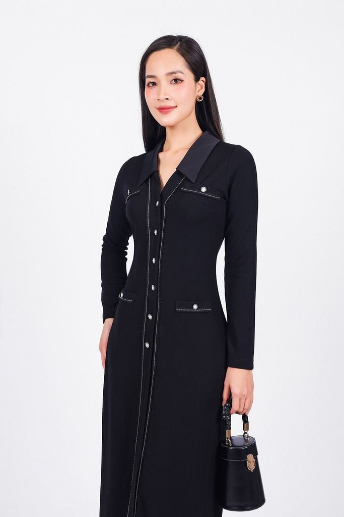FDD9129 - Đầm dệt kim cao cấp vải len co giãn dáng ôm cổ đức xẻ V thân váy phối nắp túi ốp đính đá kim loại tạo kiểu - PANTIO