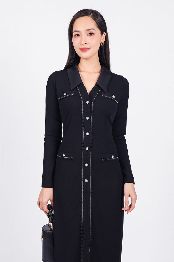 FDD9129 - Đầm dệt kim cao cấp vải len co giãn dáng ôm cổ đức xẻ V thân váy phối nắp túi ốp đính đá kim loại tạo kiểu - PANTIO