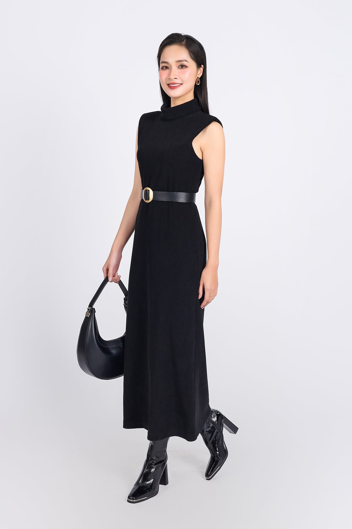 FDD9132 - Đầm dệt kim cao cấp vải nhung dáng suông dài cổ cao khoá thân sau - PANTIO