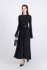 FDD9138 - Đầm len dệt kim cao cấp dáng suông cổ tròn ống tay loe eo phối vạt đính kim loại trang trí thân váy xếp nhún tạo xoè- PANTIO