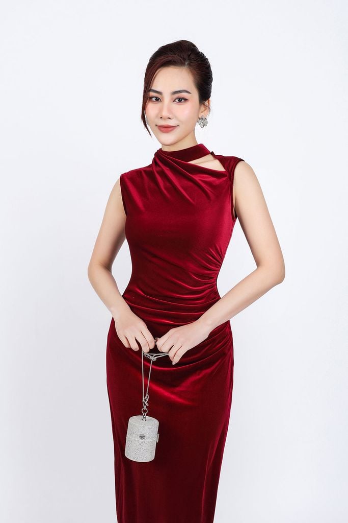 FDD9146 - Đầm nhung dáng ôm cao cấp cổ tròn thân váy nhún ôm tạo kiểu - PANTIO