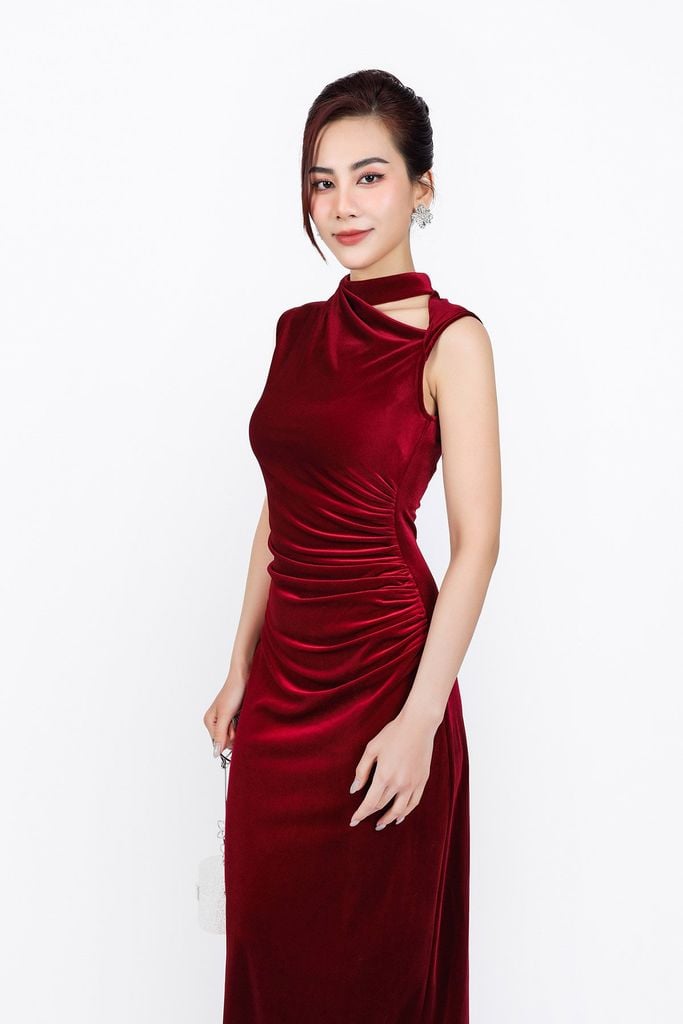 FDD9146 - Đầm nhung dáng ôm cao cấp cổ tròn thân váy nhún ôm tạo kiểu - PANTIO
