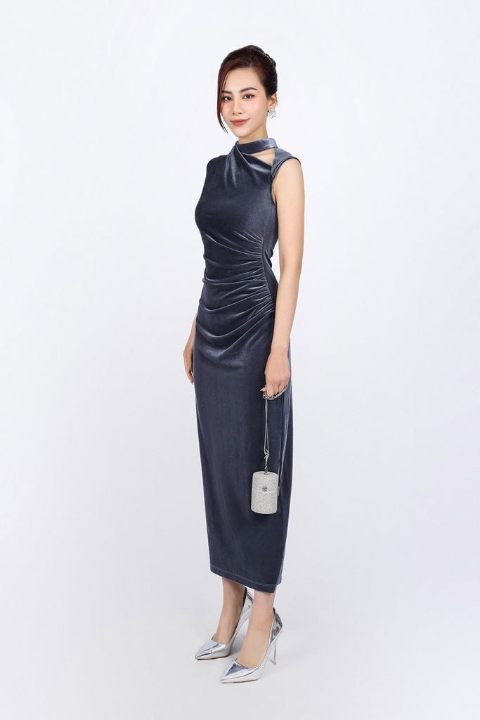FDD9146 - Đầm nhung dáng ôm cao cấp cổ tròn thân váy nhún ôm tạo kiểu - PANTIO