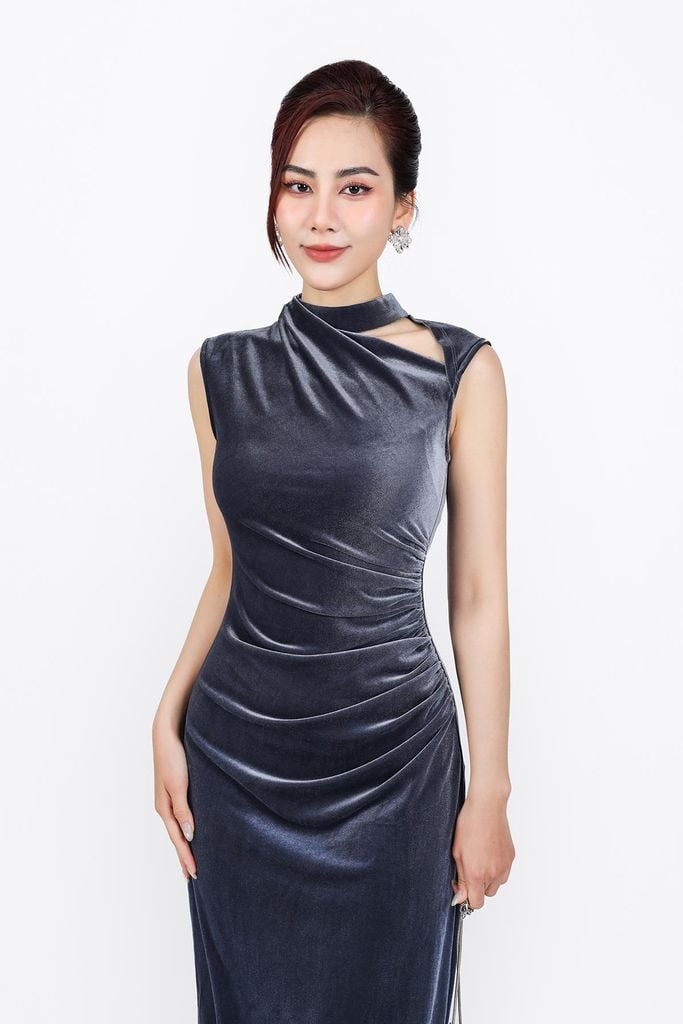 FDD9146 - Đầm nhung dáng ôm cao cấp cổ tròn thân váy nhún ôm tạo kiểu - PANTIO