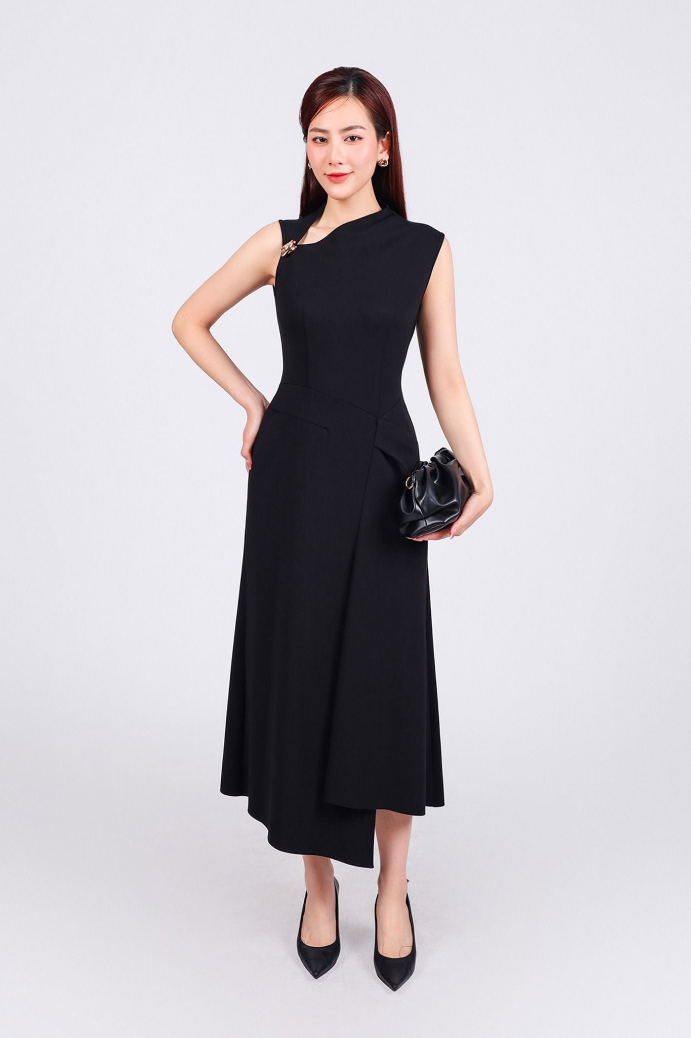 FDD9147 - Đầm dệt kim vải cotton dáng ôm co giãn cổ kiểu vạt lệch phối khuy kim loại cao cấp khóa thân sau - PANTIO