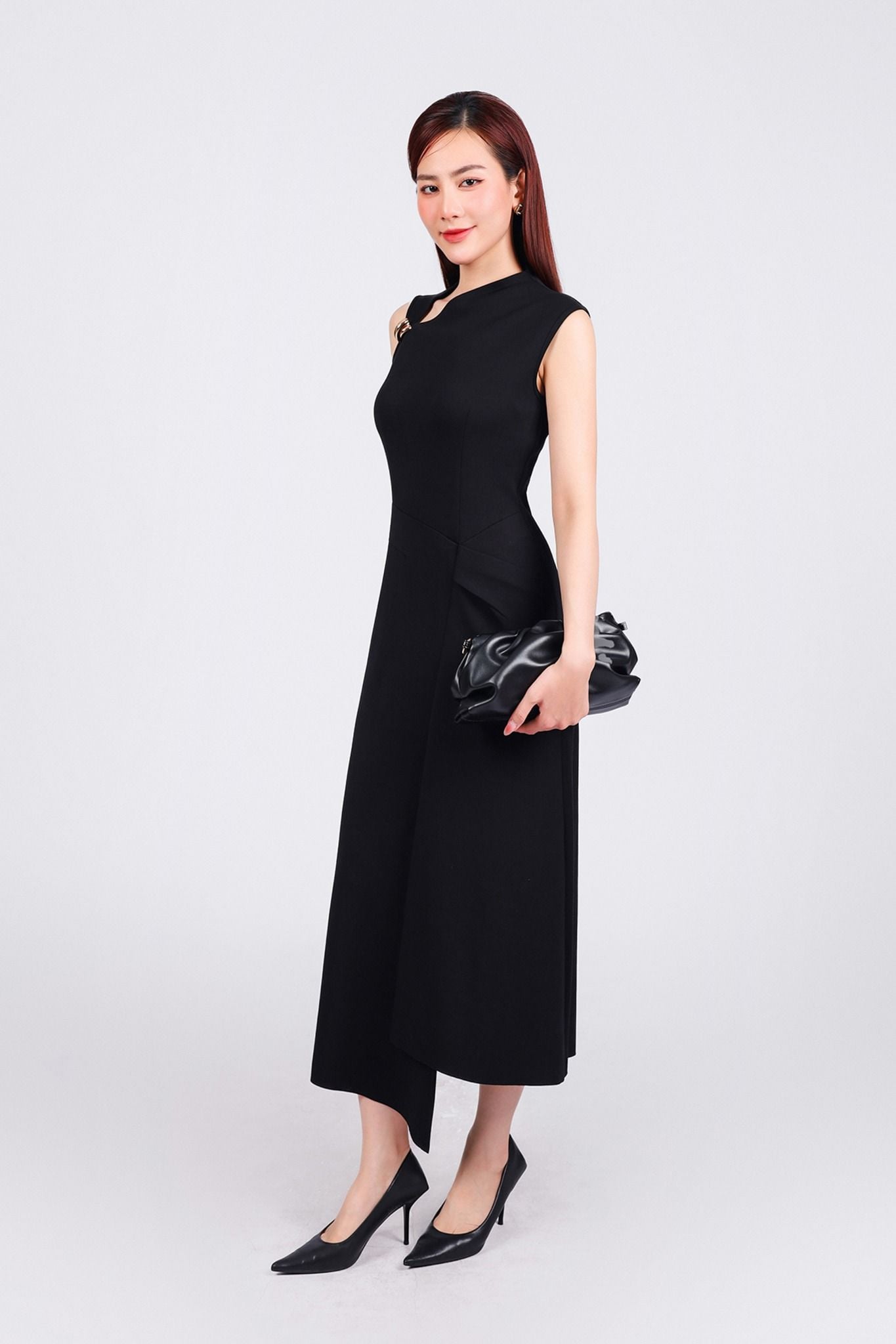 FDD9147 - Đầm dệt kim vải cotton dáng ôm co giãn cổ kiểu vạt lệch phối khuy kim loại cao cấp khóa thân sau - PANTIO