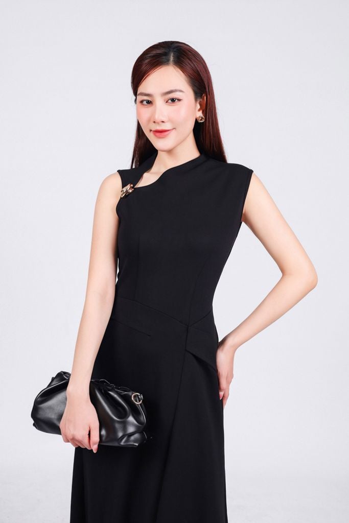 FDD9147 - Đầm dệt kim vải cotton dáng ôm co giãn cổ kiểu vạt lệch phối khuy kim loại cao cấp khóa thân sau - PANTIO