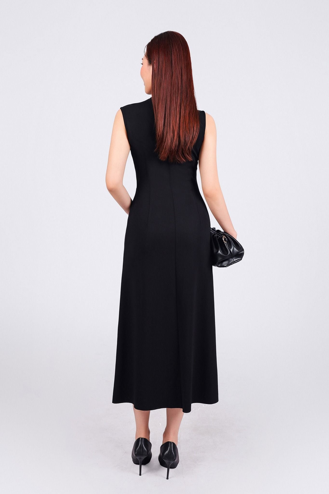 FDD9147 - Đầm dệt kim vải cotton dáng ôm co giãn cổ kiểu vạt lệch phối khuy kim loại cao cấp khóa thân sau - PANTIO