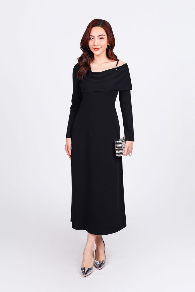 FDD9148 - Đầm dệt kim vải cotton dáng suông cổ kiểu lệch vai tay dài vai đính đá kim loại thời trang - PANTIO