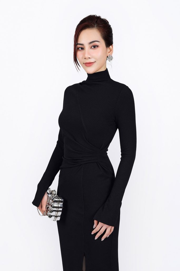 FDD9149 - Đầm len cao cấp dáng ôm cổ cao eo nhún tạo kiểu xẻ tà trước - PANTIO