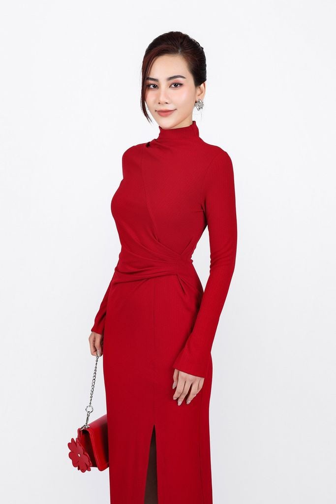 FDD9149 - Đầm len cao cấp dáng ôm cổ cao eo nhún tạo kiểu xẻ tà trước - PANTIO
