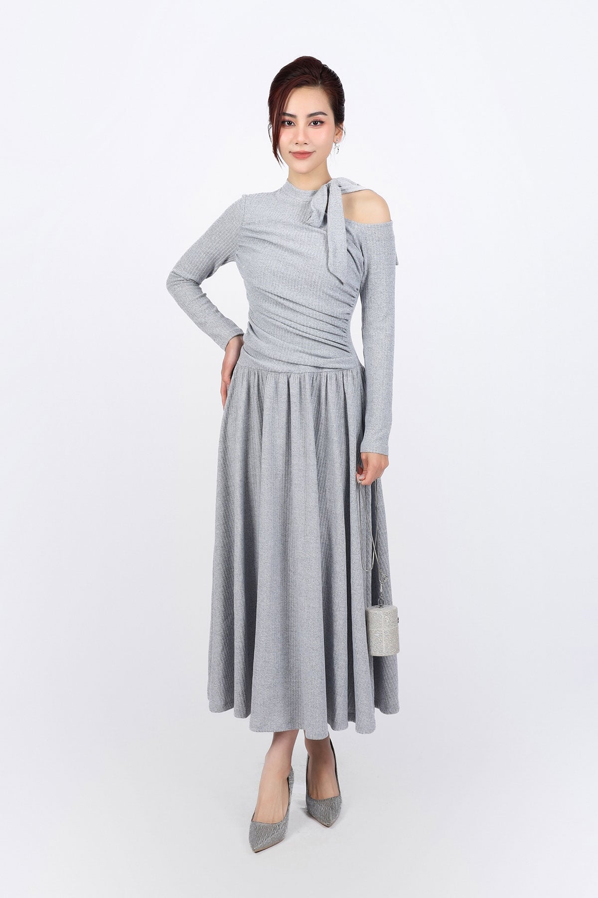 FDD9156 - Đầm dệt kim vải len cao cấp dáng suông cổ phối dây nơ tạo kiểu thân váy xếp ly nhún tạo xoè thời trang - PANTIO