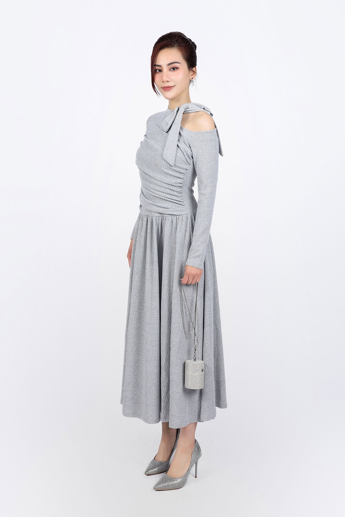 FDD9156 - Đầm dệt kim vải len cao cấp dáng suông cổ phối dây nơ tạo kiểu thân váy xếp ly nhún tạo xoè thời trang - PANTIO