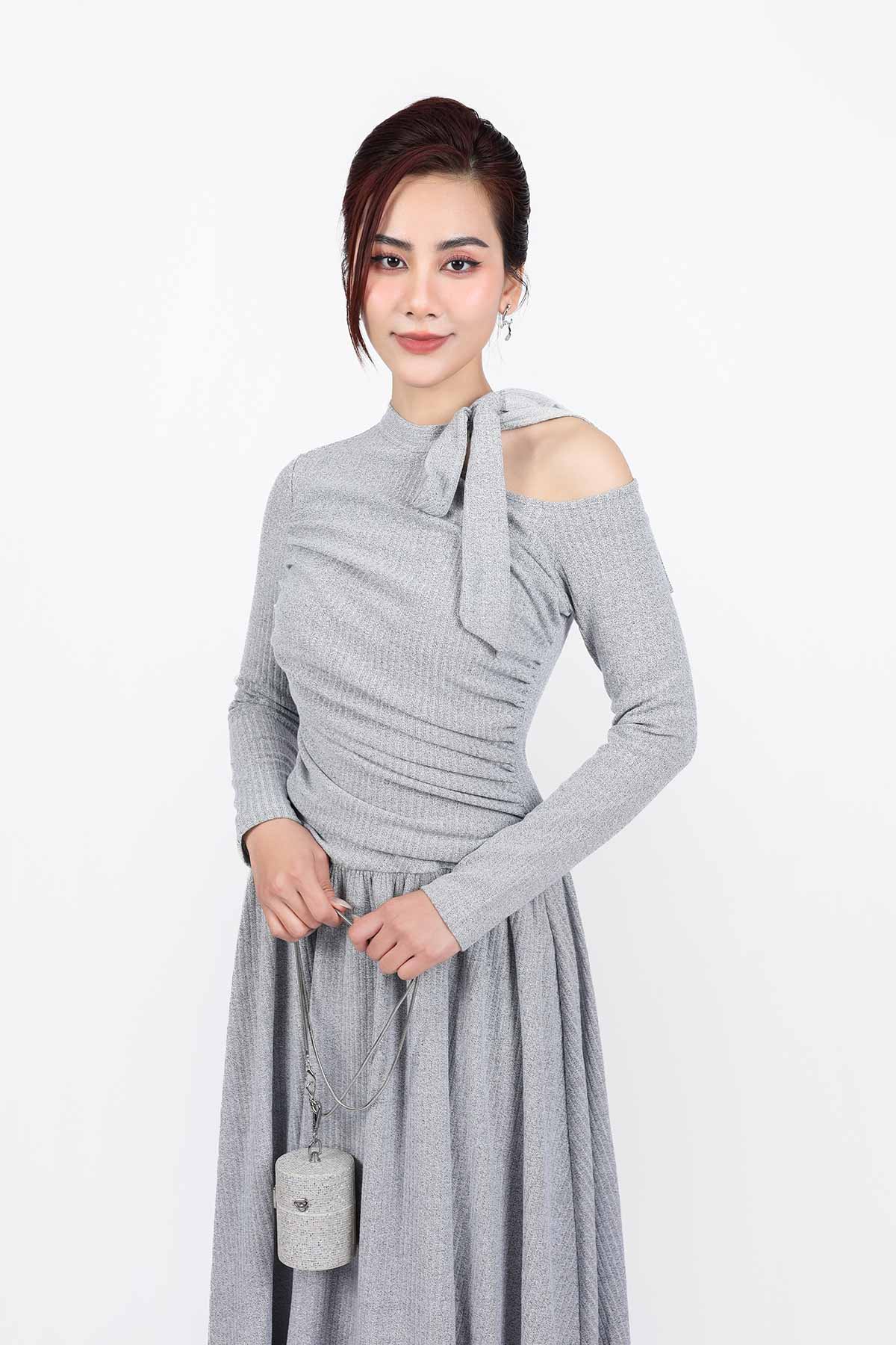 FDD9156 - Đầm dệt kim vải len cao cấp dáng suông cổ phối dây nơ tạo kiểu thân váy xếp ly nhún tạo xoè thời trang - PANTIO