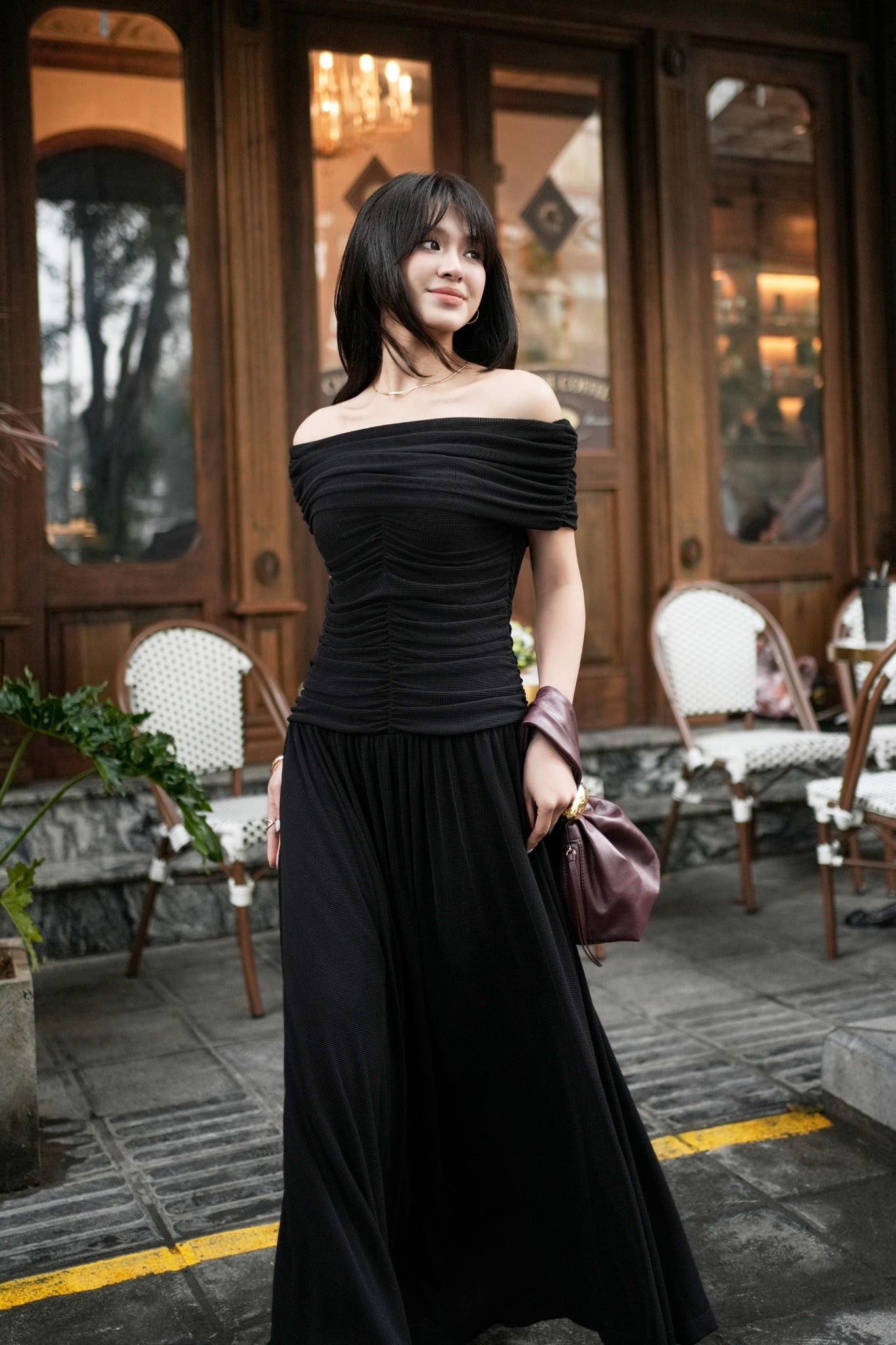 FDD9159 - Đầm dệt kim vải len co giãn dáng ôm trễ vai eo nhún tạo kiểu - PANTIO