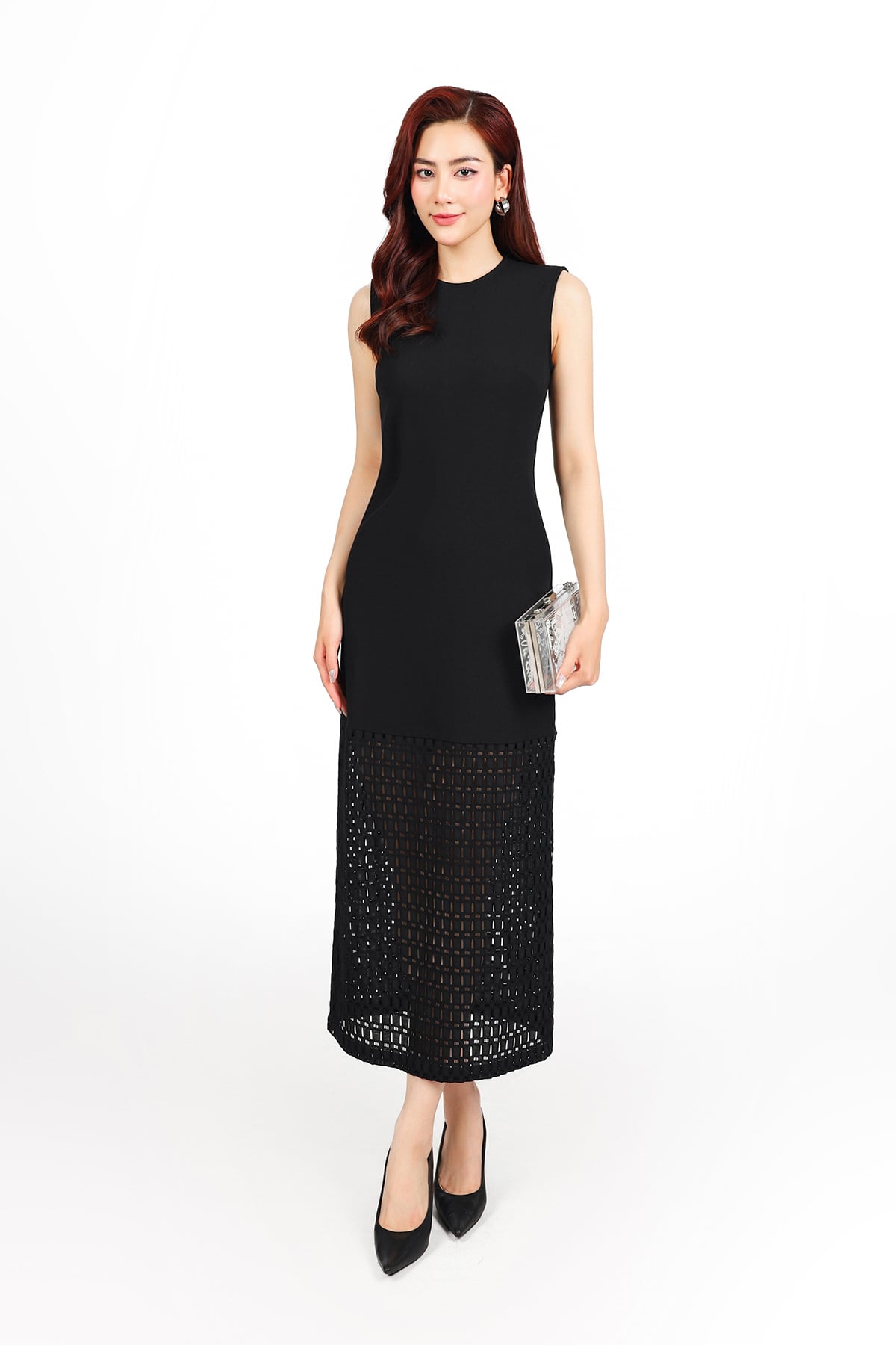 FDD9170 - Đầm dệt kim vải len co giãn dáng suông cổ tròn không tay thân váy phối tầng ren thời trang - PANTIO